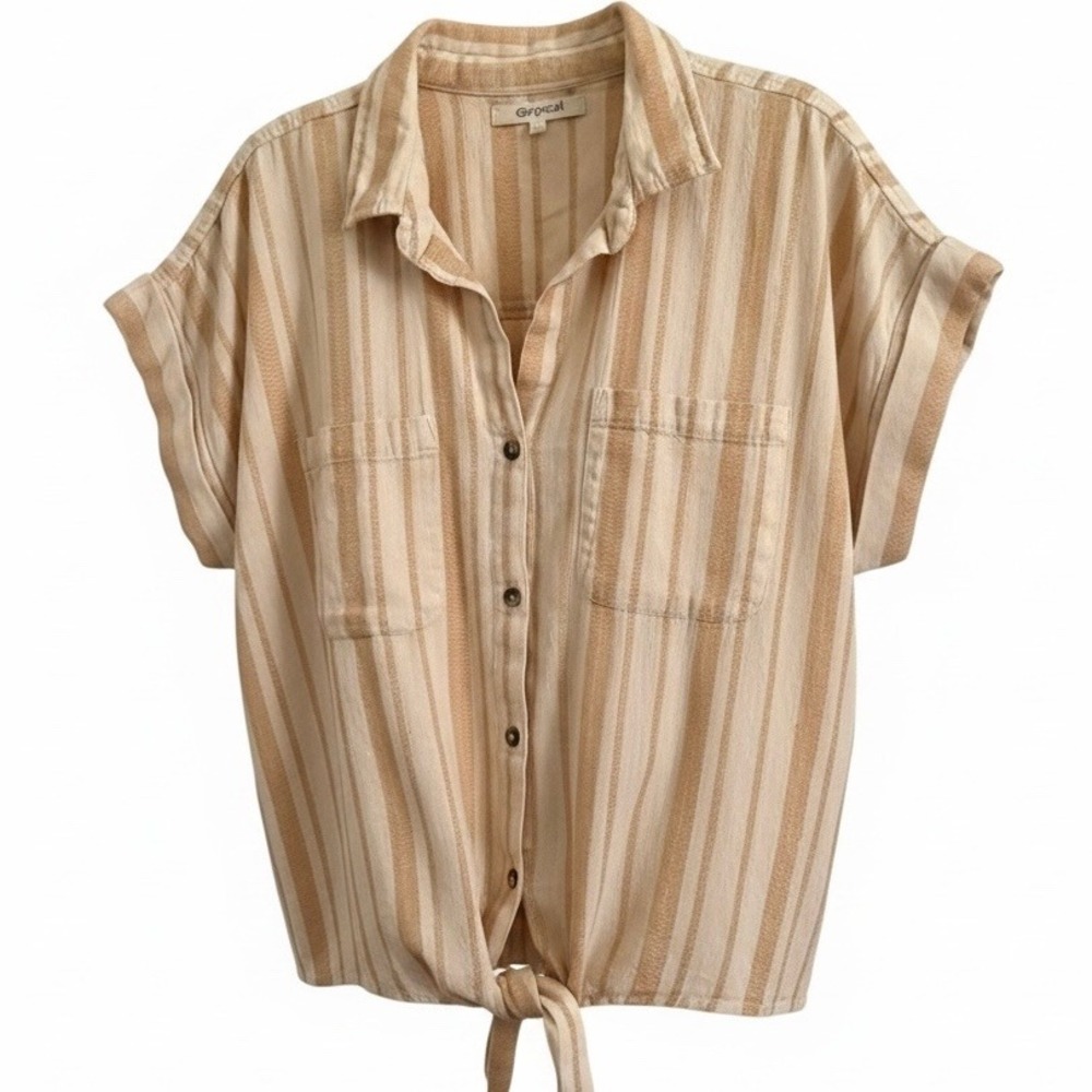 Rip Curl Beige and Cream Striped Button-Down Tie Front Shirt